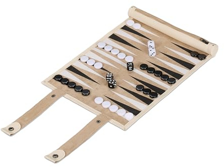 Relaxdays Backgammon, Reisespiel zum Aufrollen, inkl. Zubehör, Spielfeld BxT: 32 x 26 cm, Lederoptik, Brettspiel, beige