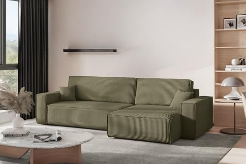 Kaiser Möbel - Ecksofa mit Schlaffunktion - Big Sofa - 274 x 142 cm - Cord Stoff, L Form, XXL, mit Bettkasten - Große Liegefläche 230 x 140 cm - Eckcouch, Wohnlandschaft - Best XL Rechts, Olive