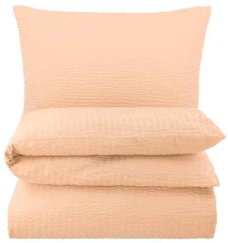 Carpe Sonno Seersucker Bettwäsche 135x200 cm 2er-Pack Baumwolle – Apricot | Kühlende Sommerbettwäsche mit Reißverschluss, bügelfrei | Deckenbezug + Kissenbezug 80x80 | ganzjährig, pflegeleicht