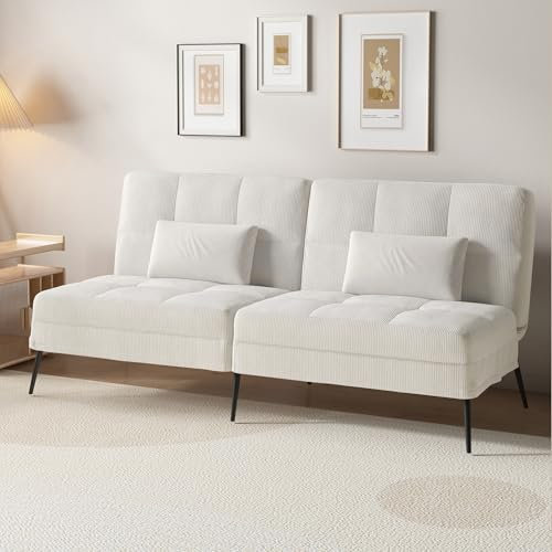 COMHOMA Fabric Sofa Bed 3 Seater Upgraded Frame 5-Gear Back Angle Adjustable Futon Sofa for Living Room, Guest Room (Corduroy, Beige)