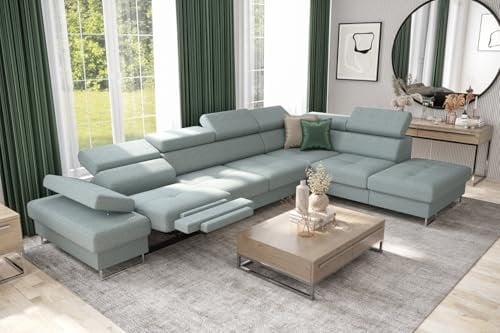 Friderik Ecksofa Galaxy Relax mit Schlaffunktion, Bettkasten, 225×350 cm, Stoff Gemma, Relaxfunktion, verstellbaren Kopfstützen & Armlehne (Hellblau, Rechts)