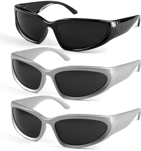 3 Stück Sonnenbrille Schnell Silber, Sunglasses Y2K Sonnenbrille | Rechteckige Techno Brille, Polarisierte Sportbrille, UV400 Schutz für Musikfestivals, Radfahren, Laufen