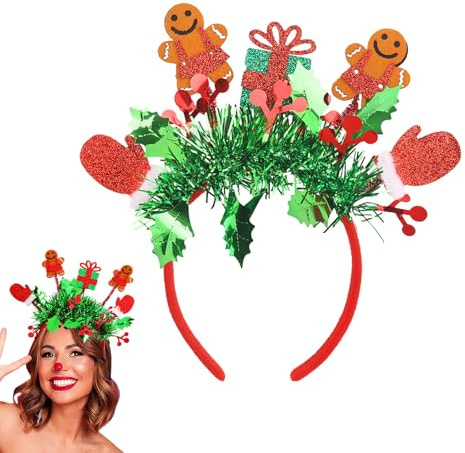 BelleFlair Weihnachtshaarreifen Lustig Lebkuchenmann Kopfschmuck für Erwachsene Damen Mann, Glitzer Haarreif mit Grüner Quaste, Weihnachts Haarschmuck für Mädchen Winter Zubehör Geschenk.