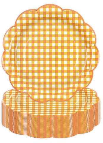 DHAIQC 50Pcs Orange Gingham Paper Plates, 7Inch Scalloped Paper Plates Cake Dessert Plate for Birthday Family Dinner Picnic Baby Shower Wedding Party Supplies (Orange Color)