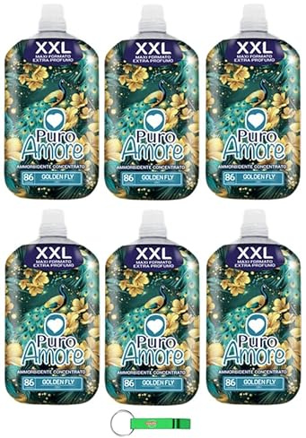 6x Puro Amore Weichspüler XXL Golden Fly Konzentrierter Weichspüler Ammorbidente Concentrato 86 Wäschen 1800ml + Beni Culinari Kostenloser Schlüsselanhänger