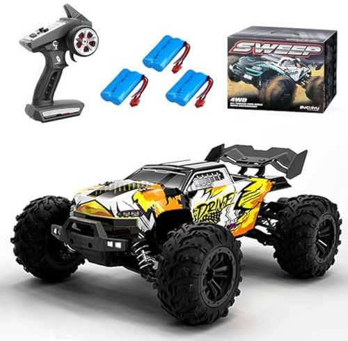 Ledovan 70km/h Coche teledirigido con motor sin escobillas, 4WD de alta velocidad todo terreno Monster Trucks, impermeable RC Drift Car para adultos, 3 baterías (Amarillo)