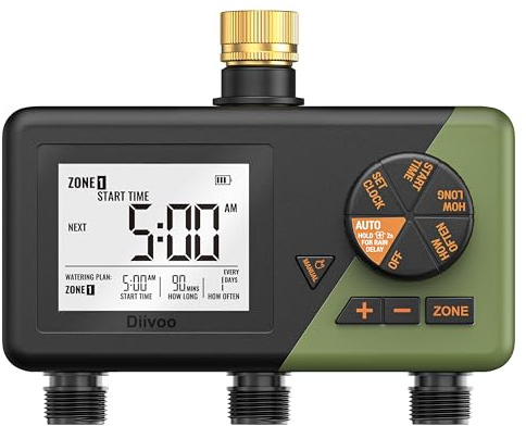 Diivoo Latón Programador Riego 3 Salidas para Jardín, Césped | Pantalla LCD Grande, Retraso por Lluvia, Riego Manual/ Automático