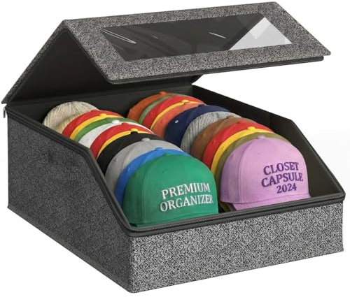 AURIVISTA Hat Storage Box for Baseball Caps, Holds up to 24 Caps,Gray | Holds 24 caps; stackable hat organizer with clear window, dustproof design and handles.