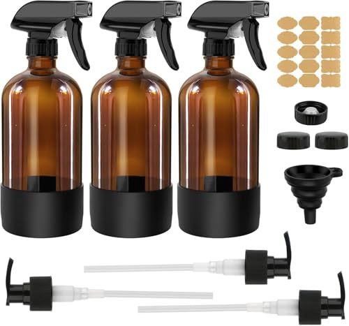 3 PCS Amber Glass Spray Bottles, 500ml Empty Hair Spray Bottle with Adjustable Trigger Sprayer for Squirt and Mist, Refillable Water Spray Bottle for Cleaning Essential Oils Gardening Hair Care