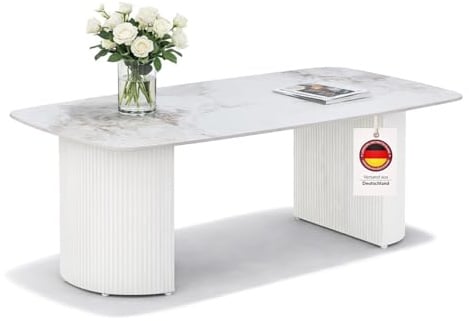 HOOZ Couchtisch mit Keramikplatte in Travertin-Optik [Kratzfest & pflegeleicht], moderner Wohnzimmertisch 130×70 cm, Sofatisch mit hitzebeständiger Oberfläche, ideal für Wohnzimmer & Esszimmer Weiß