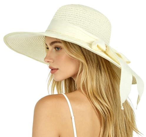 LHHMZ Women Beach Sun Straw Hat, Wide Brim Summer Hat, Foldable Packable Floppy Beach Hats White