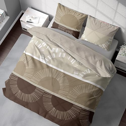 DILIOS Premium Bettwäsche 200x200 100% Baumwolle Atmungsaktive, Renforcé, mit Reißverschluss, Braun/Hellbraun/Beige, 3-teilig, Bettwäsche-Set, Bettbezug + 2 Kissenbezug 80x80