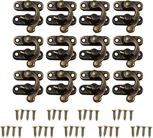 12 Stücke Antike Messing Dekorative Haspe Schmuck Holzkiste Wein verschluss mit Schrauben für Schieber Truhen Kisten Dosen(Bronze/Rechter Haken)