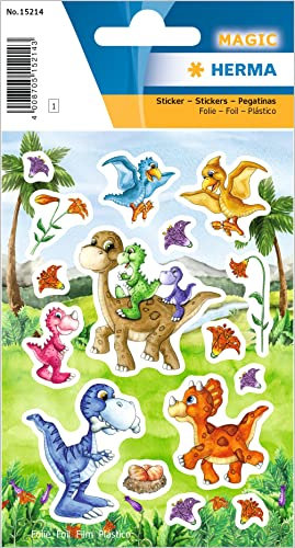HERMA 15214 Aufkleber Dinosaurier Glitzer klein, 12 Stück, Tiere Sticker mit lustigen Dino Saurier Motiv, Kinder Etiketten für Fotoalbum Tagebuch Poesiealbum Scrapbooking Geburtstag Deko DIY Basteln