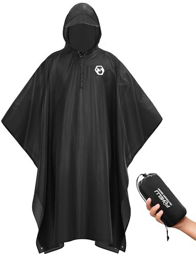 Foxelli Regenponcho mit Kapuze für Erwachsene – Regenmantel, wasserdicht, wiederverwendbar, extra lang, für Damen und Herren, leichte Ausrüstung, Schwarz , One size