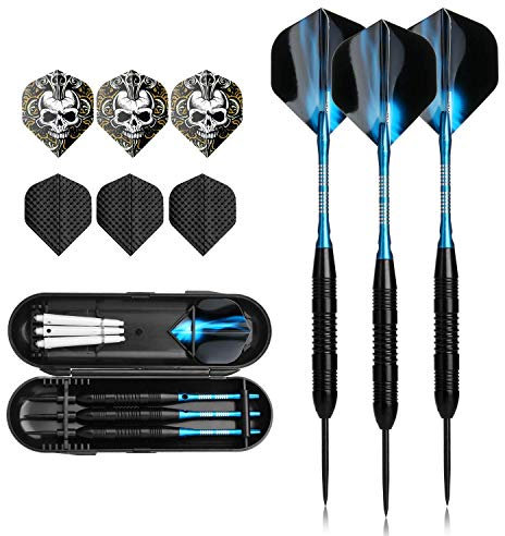 3 Stück Steel Darts Pfeile Set, 23 Gramm Profi Steeldarts mit Metallspitze Schwarz Rutschfeste Eisenfass, Aluminium Schaft FB6