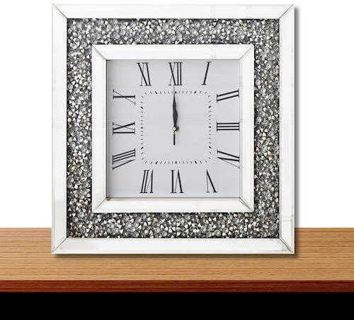 Amazing Gift Reloj de pared silencioso de diamante, 35 x 35 cm, elegante espejo de cristal de diamante, número romano plateado, para el hogar, oficina, sala de estar, dormitorio, decoración