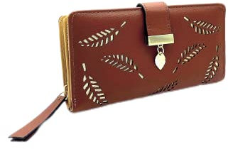 HXT-OAK Portefeuille en Cuir PU pour Femme avec découpe Feuille Pendentif Feuille 12 emplacements pour Cartes et Organiseur à glissière pour pièces de Monnaie Marron