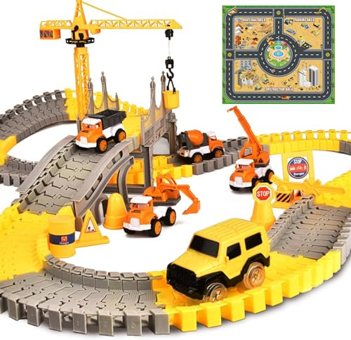 Doahurry Circuit Voiture Enfant 160pcs, Circuit Voiture Electrique, Voitures Electriques avec Benne Basculante, Grue, Circuits et Accessoires, Circuit Voiture Enfant 2 3 4 5 6 7 Ans