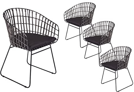 SAM 4er Set Rattanstuhl Lima, Farbe Anthrazit, inklusive Sitzkissen | Korbstuhl mit Metallrahmen, Geflechtstuhl/Eisenstuhl im Retro-Design, Esszimmerstuhl mit Armlehnen