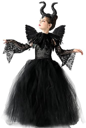 Costume de Princesse Malefique pour Filles, Deguisement Maléficent avec Corne Et Ailes Noires Ensemble pour Halloween Carnaval Enfants Cosplay Tenue De Fête (XL 135-155 cm)