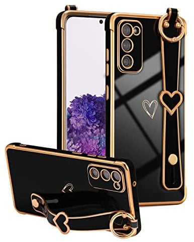 ZTOFERA Handyhülle Kompatibel mit Samsung Galaxy S20 FE 4G/5G Hülle mit Band, Flexible Silikon Case mit Herz Muster Galvanisierte Kanten Handschlaufe Fingerhalter Ständer Stoßfeste Cover, Schwarz
