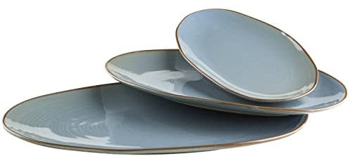 MÄSER Serie Nottingham, Set aus 3 Servierplatten, Servierteller in 3 Größen im unregelmäßig geformten Vintage Look, Steinzeug, Blau