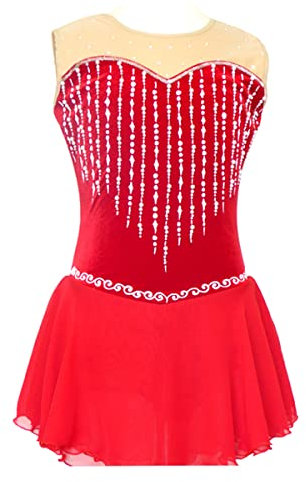 YDHTIZ Mädchen Eiskunstlaufanzug, rot, Spandex, Wettkampfanzug, ärmellos, Strass, Gymnastik, Turnanzug, Ballerina, Outfits, Wettkampf-Training, athletisch, Damen, Größe M, Rot)