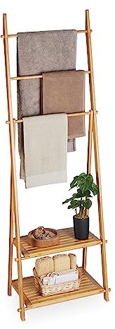 Relaxdays Handtuchständer Bambus, 3 Stangen, 2 Ablagen, HBT: 153 x 53,5 x 30 cm, freistehend, Duschtuchhalter Bad, Natur