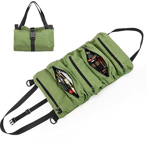 Sanrolax Multifunctional Tool Roll Bag, 5 Separate Pockets, Portable, Green, Canvas