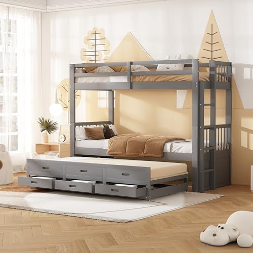 Kehun Kinderbett Etagenbett 90x200 für 2-3 Kinder, Hausbett Hochbett mit Ausziehbares Rollbett und 3 Stauraum Schubladen, Bett mit Rausfallschutz und Leiter, Lattenrost aus Holz, Grau, Ohne Matratze