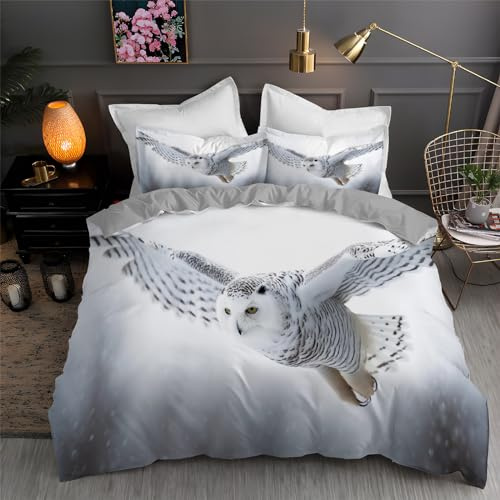 BettwäSche 155x220 Schnee-Eule Bettbezug Set 3 Teilig Fliegende Vögel Flauschig BettbezüGe und 2 Kissenbezug 80x80, Allergiker BettwäSche-Sets Weiche Microfaser mit ReißVerschluss