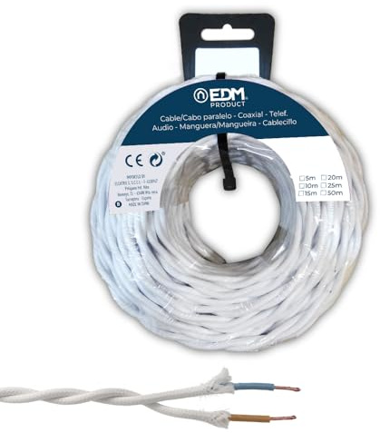 Carrete de cable textil trenzado H05VV-F 2x1,50 mm² blanco, 25 m, ideal para conexiones eléctricas y usos domésticos.