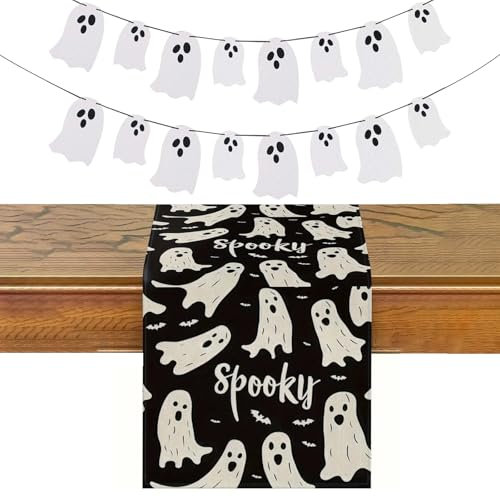 JSTHHTT Halloween Deko Tischläufer, Geist Halloween Tischläufer, Saisonnal Küche Tisch Dekoration, Abwaschbar für Tischläufer für Esszimmer Party Dekoration Dekoration
