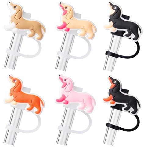 6Pcs Dachshund Dog Straw Cover Cap for Stanley Cup Tumbler, 10mm Reusable Cute Drinking Straw Topper Accessories, Cute Novelty Dachshund Dog Gifts for Women