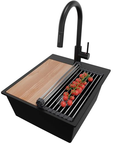 PRIMAGRAN Fregadero Granito Negro 43x50cm, Fregadero Cocina 1 Seno + Sifón + Grifo 40x20cm + Accesorios, Fregadero Granito sobre encimera al mueble 45cm - Oslo