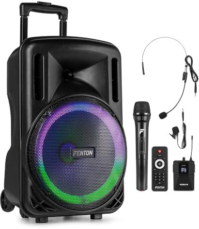 Fenton FT12LED MK2 Portable PA System 12 Bluetooth Speaker with Wireless Handheld and Headset Microphones, Built-in LED Lights & Rechargeable Battery for Indoor & Outdoor Events, 700W