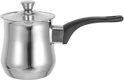Türkischer Kaffeekocher aus Edelstahl 360ml mit Ergonomischem Griff | Silber, für Tee und Kaffee, Unterwegs oder Beim Camping, Polierte Oberfläche, Einfache Pflege