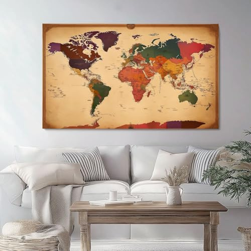 Braunes Bild auf Leinwand Wanddeko Wohnzimmer Traditionelle Weltkarte Fotos auf der Leinwand Individuelle für Familien Leinwandbilder Schlafzimmer Bilder Badezimmer, 120 x 80 cm