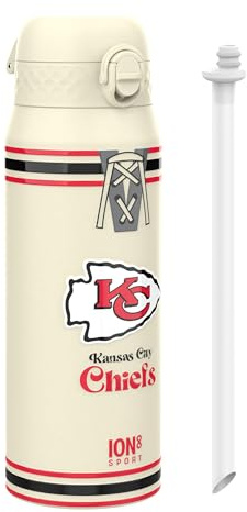 Ion8 NFL Chiefs Borraccia Termica con Cannuccia Rimovibile, 750ml/24oz, a Prova di Perdite, Facile da Aprire, Serratura Sicura, Lavabile in Lavastoviglie, Maniglia per il Trasporto, Facile Pulizia