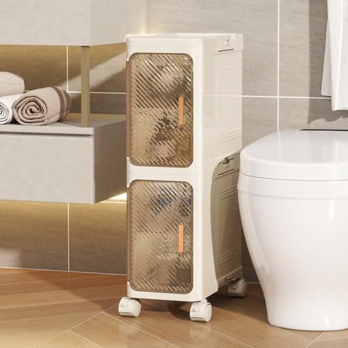 Tronkle Slim Bathroom Cabinet,2 Tiers Bathroom Storage Cabinet,Foldable Storage Cabinets,Narrow Bath Storage,Movable Toilet Storage Organizer for Small Spaces,Bathroom,Kitchen,Laundry