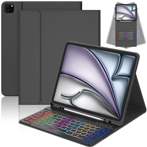 CC Store Clavier pour iPad Air 13 Pouces M3 2025/M2 2024, iPad Pro 12,9 Pouces 6/5/4/3 Gen, Clavier Bluetooth Amovible Magnétique avec éclairage 7 Couleurs et Support pour Stylet, Disposition QWERTZ
