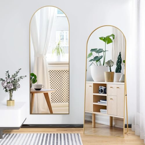 BursDany Miroir sur Pied Arqué 164x54 cm - Grand Miroir Mural avec Cadre Aluminium Multi-Fonction (Suspendu/Posé/Appuyé), Miroir Pleine Longueur pour Salle de Bain, Chambre, Entrée ou Salon, Doré