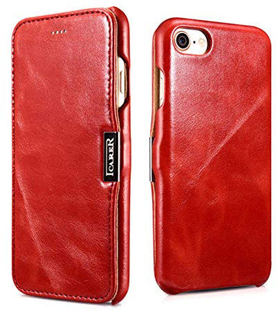 ICARER Tasche passend für Apple iPhone SE 2022 5G, iPhone SE 2020, iPhone 8, iPhone 7, 4.7 Zoll, Case mit Echt-Leder, Schutz-Hülle aufklappbar, Ultra-Slim Cover, Etui im Vintage Look, Rot