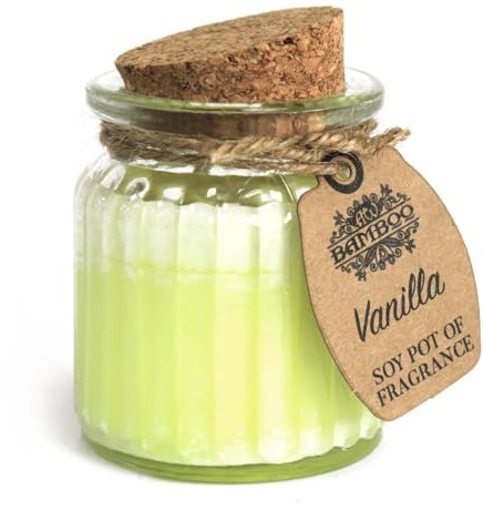 Vela en tarro de cristal de soja con aroma a vainilla.