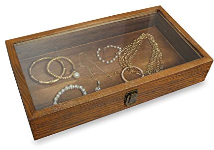 MOOCA Wood Glass Top Jewelry Display Case Accessories Storage, Wooden Jewelry Tray for Collectibles, Home Organization Box with Metal Clasp and Tempered Glass Top Lid, 2.75 Inch High, Brown