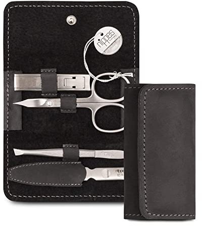 nippes Solingen Premium Line Maniküre Set Tabard, 4-teilig, Schwarz, Edelstahl nickel- & rostfrei, Rindsleder-Nageletui, Nagelpflege Set, Made in Germany