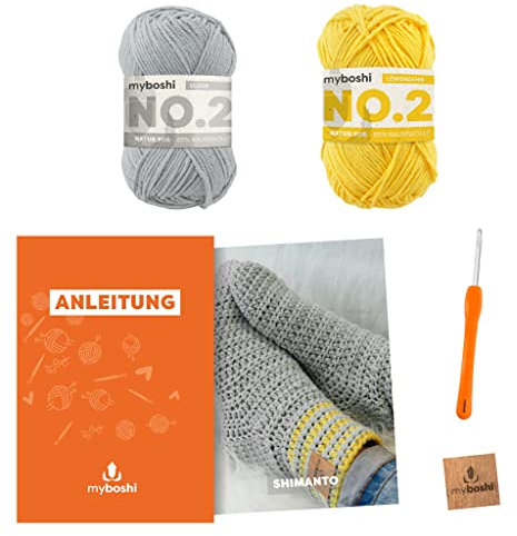 myboshi Häkelset Socken Shimanto, Häkelset für Anfänger, inkl. No.2 Wolle, Häkelnadel und Anleitung, Label, Häkelpaket, 85% Baumwolle, 15% Kapok Grau, Gelb, mit Häkelnadel