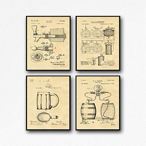WallBUddy Craft Beer Poster Set of 4 Beer Patent Posters Beer Lover Gift Beer Decor for Bar Decor for Pub Craft Beer Prints Brewing Posters WB133A (29.7cm x 41.9cm (A3), Parchment)