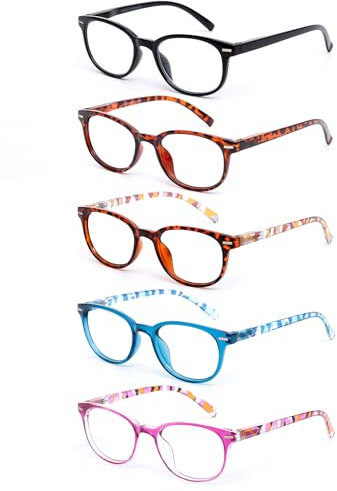 EFE Gafas de Lectura Presbicia Valor Pack 5 Hombre Mujer Unisex con Diseño de Patrón de Templo de Moda Buena Vision Anti Luz Azul Calidad Bisagras de Resorte Lectores 1.5